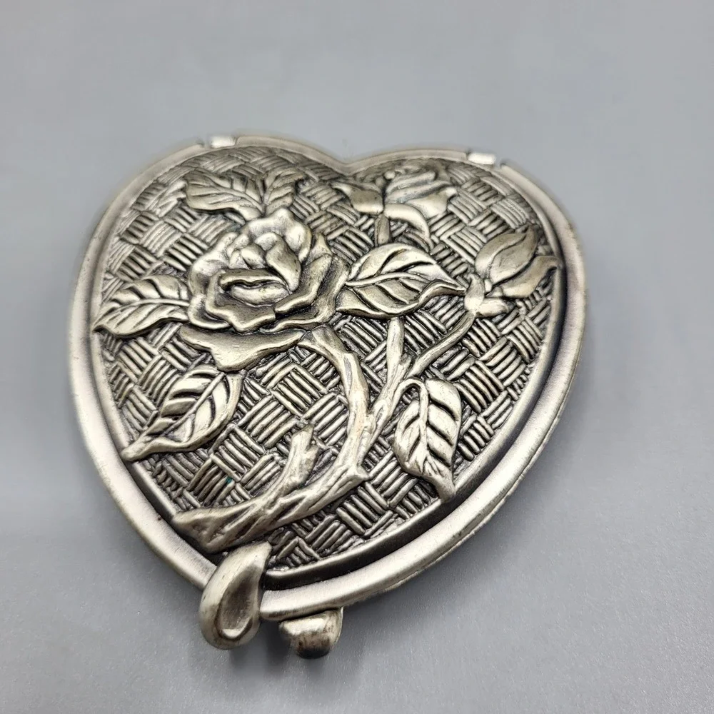 Vintage Compact Mirror Womens Heart Rose Embossed Basketweave Silver Tone